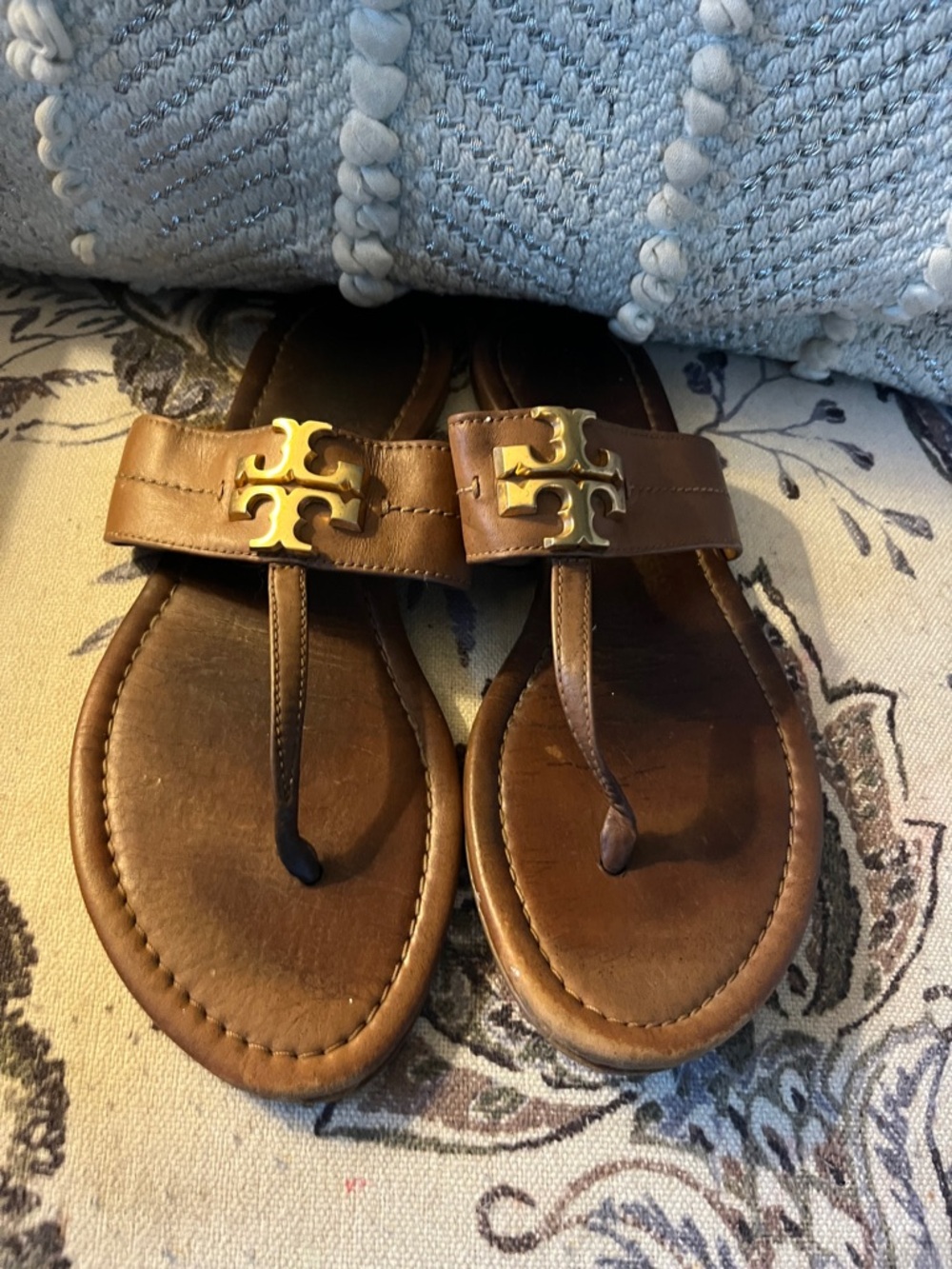 Tory Burch Brown Leather Thong Sandals with Gold Logo Hardware